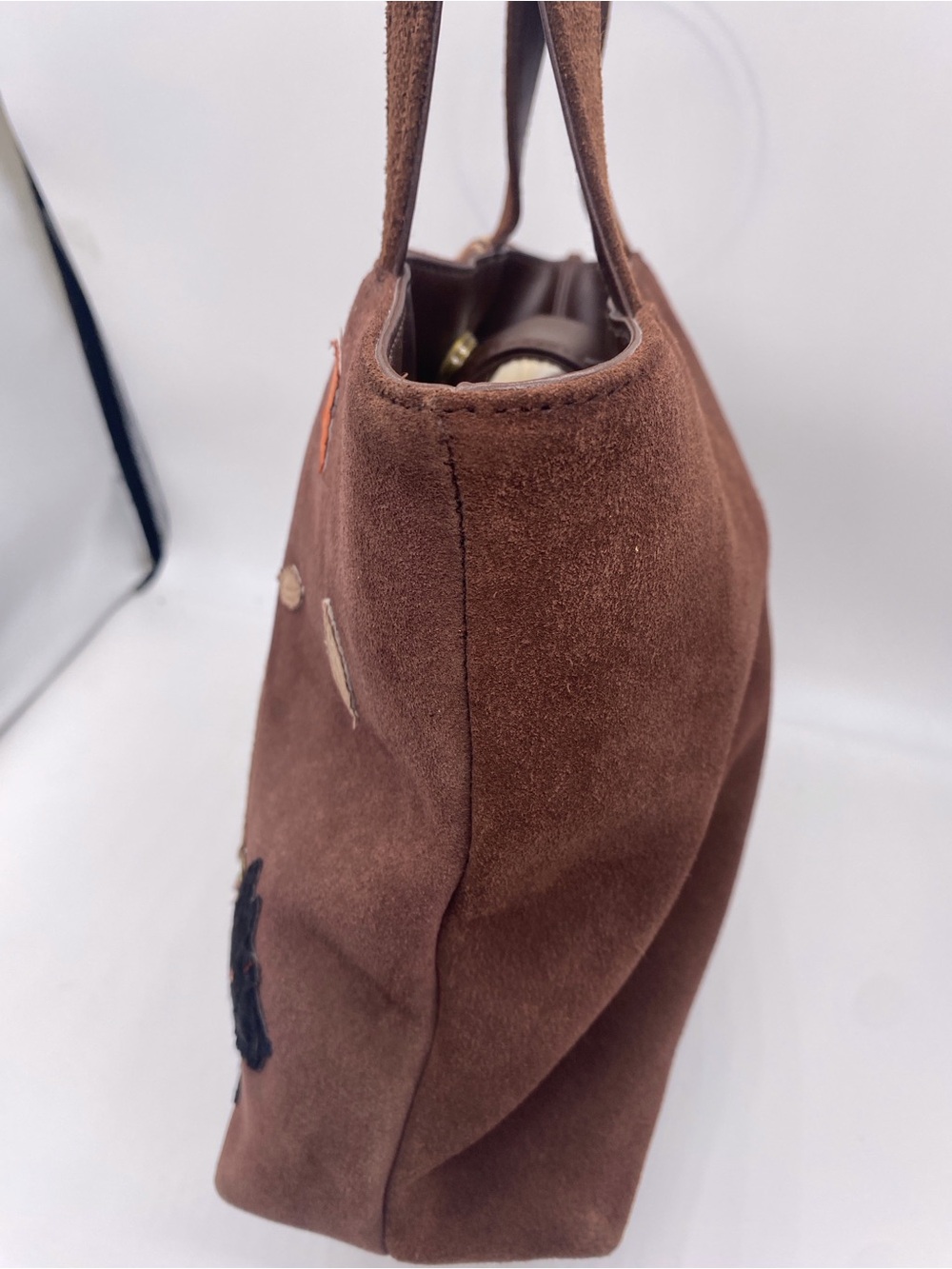 St. John's Bay Brown Suede Shoulder Tote with Girl & Scottie Appliqué - Picture 4 of 8